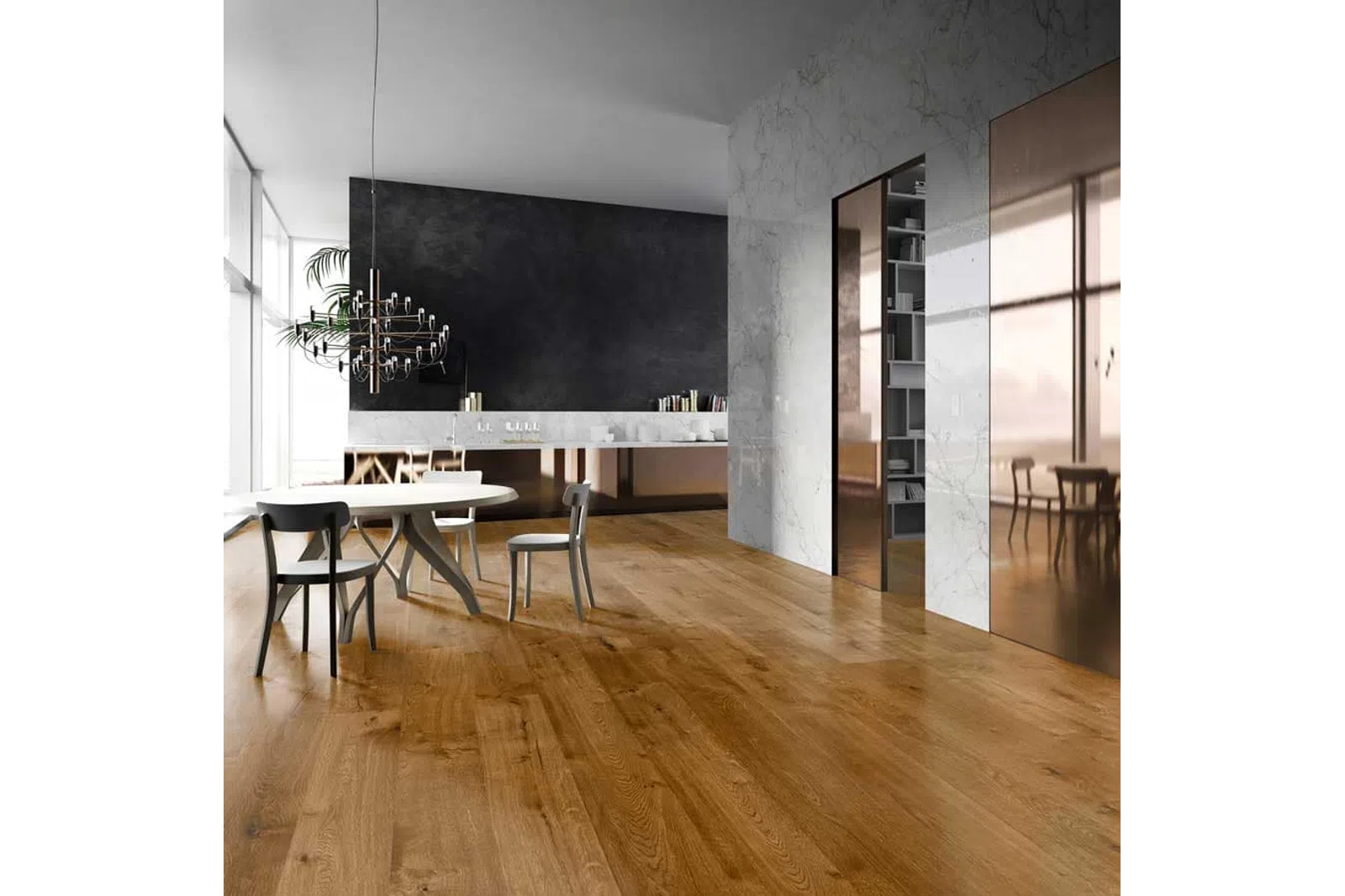 Modern dining area with wooden flooring, round table, chairs, black wall, and marble accents in bright room
