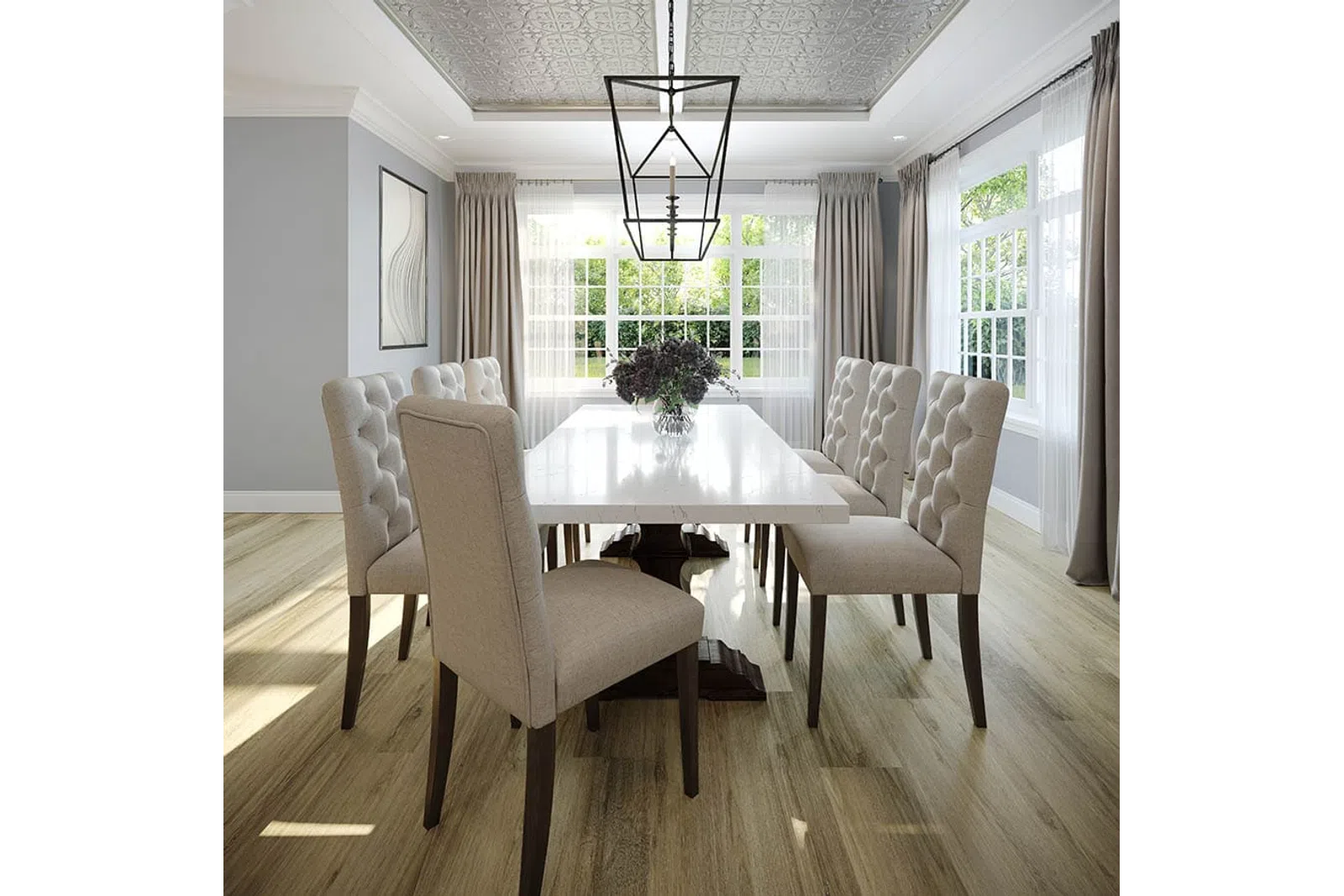 Bright dining room with large windows, beige tufted chairs, wooden floor, white table, and modern chandelier.