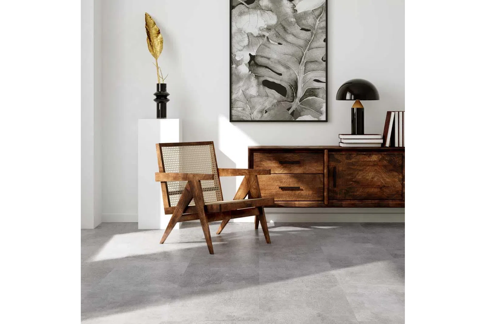 Modern living room with wooden armchair, sideboard, black lamp, abstract leaf wall art, and decorative golden feather.