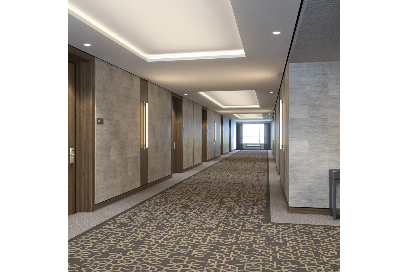 Modern hotel corridor with patterned carpet, wooden doors, wall sconces, and recessed ceiling lights.