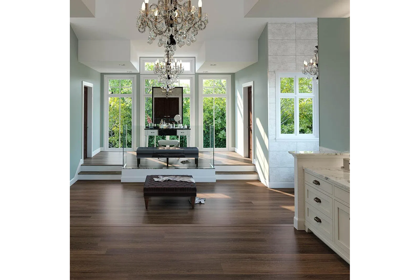 Spacious modern room with dark wood flooring, crystal chandeliers, large windows, and a vanity mirror setup.