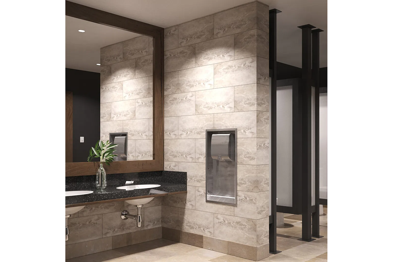 Modern restroom with dual sinks, large mirror, hand dryer, and beige tiled walls and floor.