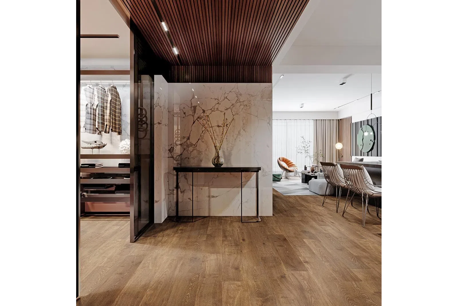 Modern open-plan living space with wooden floors, marble wall, stylish furniture, and walk-in closet.