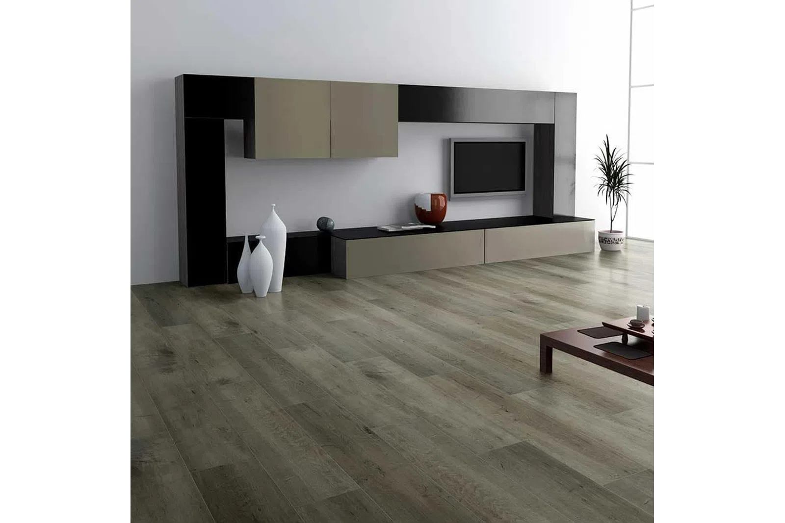 Modern living room with minimalist black and beige entertainment unit, wooden floor, decorative vases, and a potted plant.