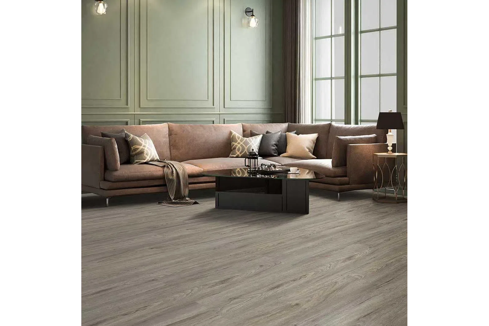 Modern living room with L-shaped brown sofa, glass coffee table, wooden flooring, and large windows with natural light.