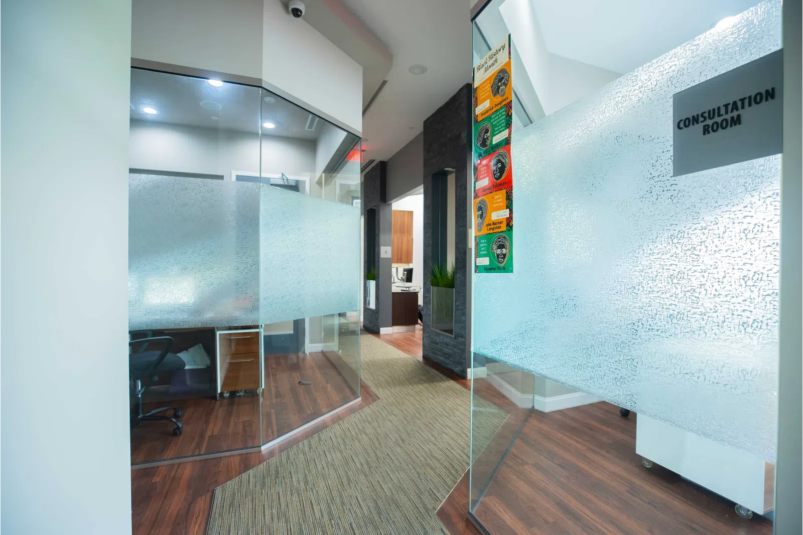 Modern office hallway with frosted glass consultation rooms and wooden flooring in a professional setting