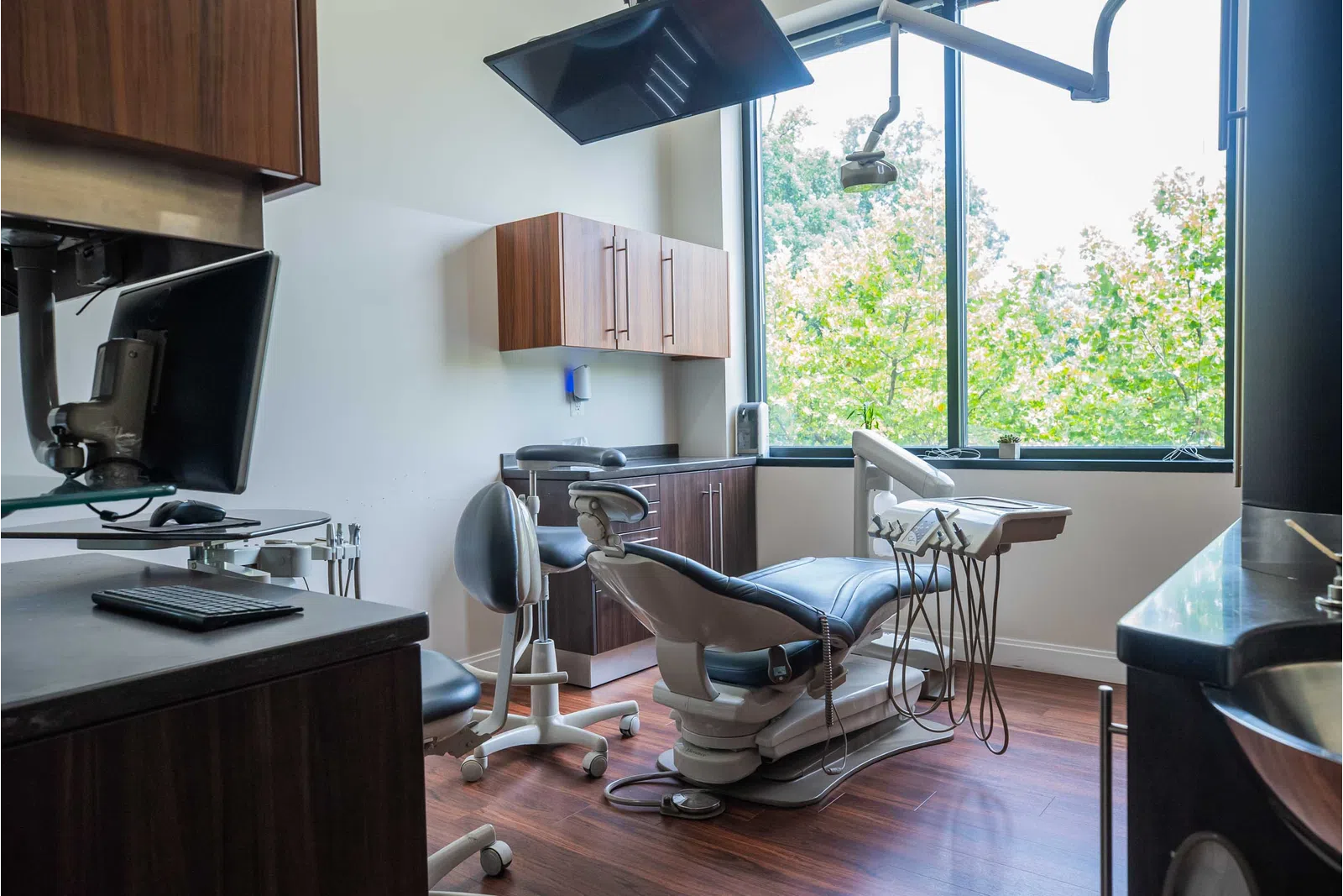 Modern dental clinic room with reclining chair, monitor, overhead light, wooden cabinets, and large window with greenery view.