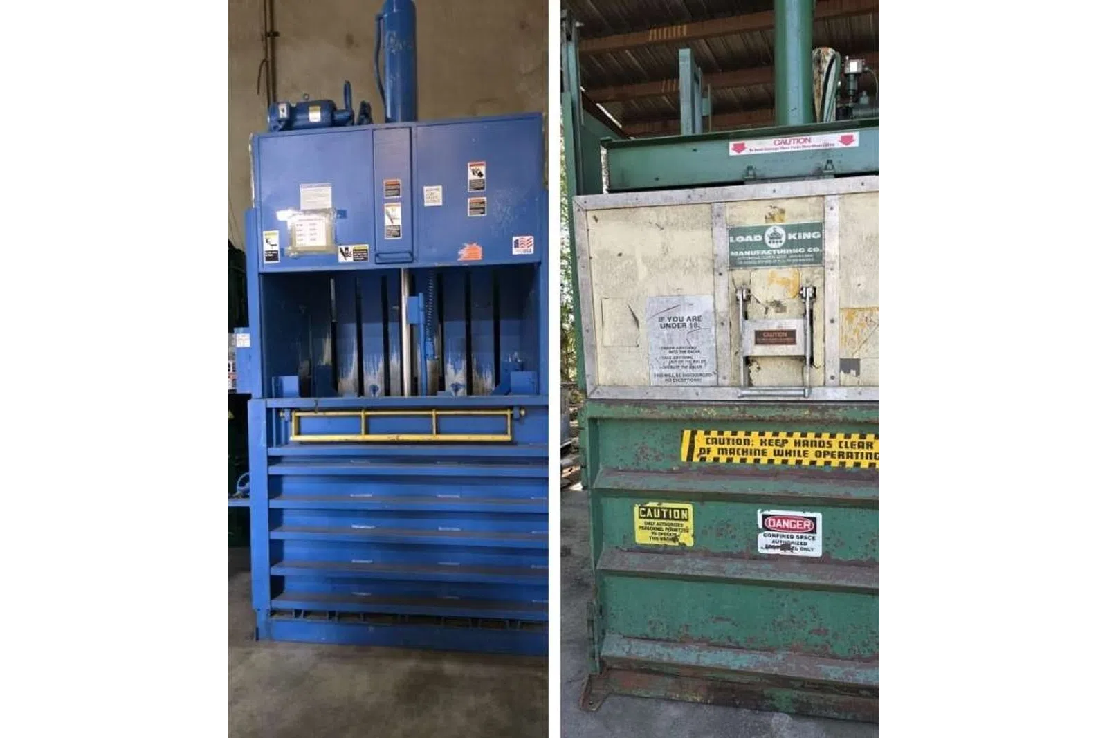 Yellow, blue, and green industrial balers with caution signs in a warehouse setting.