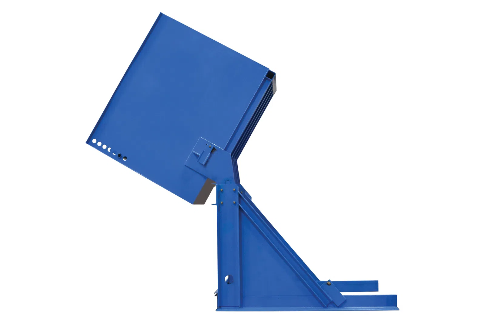 Blue industrial hopper or chute used for material handling isolated on white background
