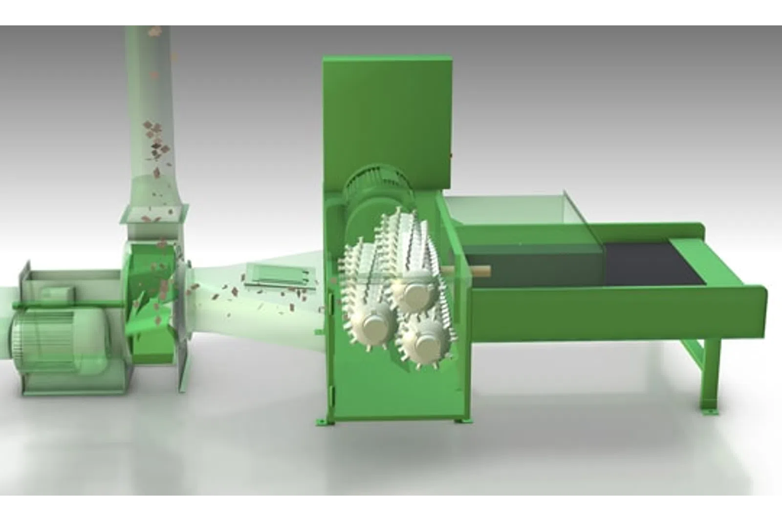Green industrial machine with gears processing material on a conveyor system in a clean environment.