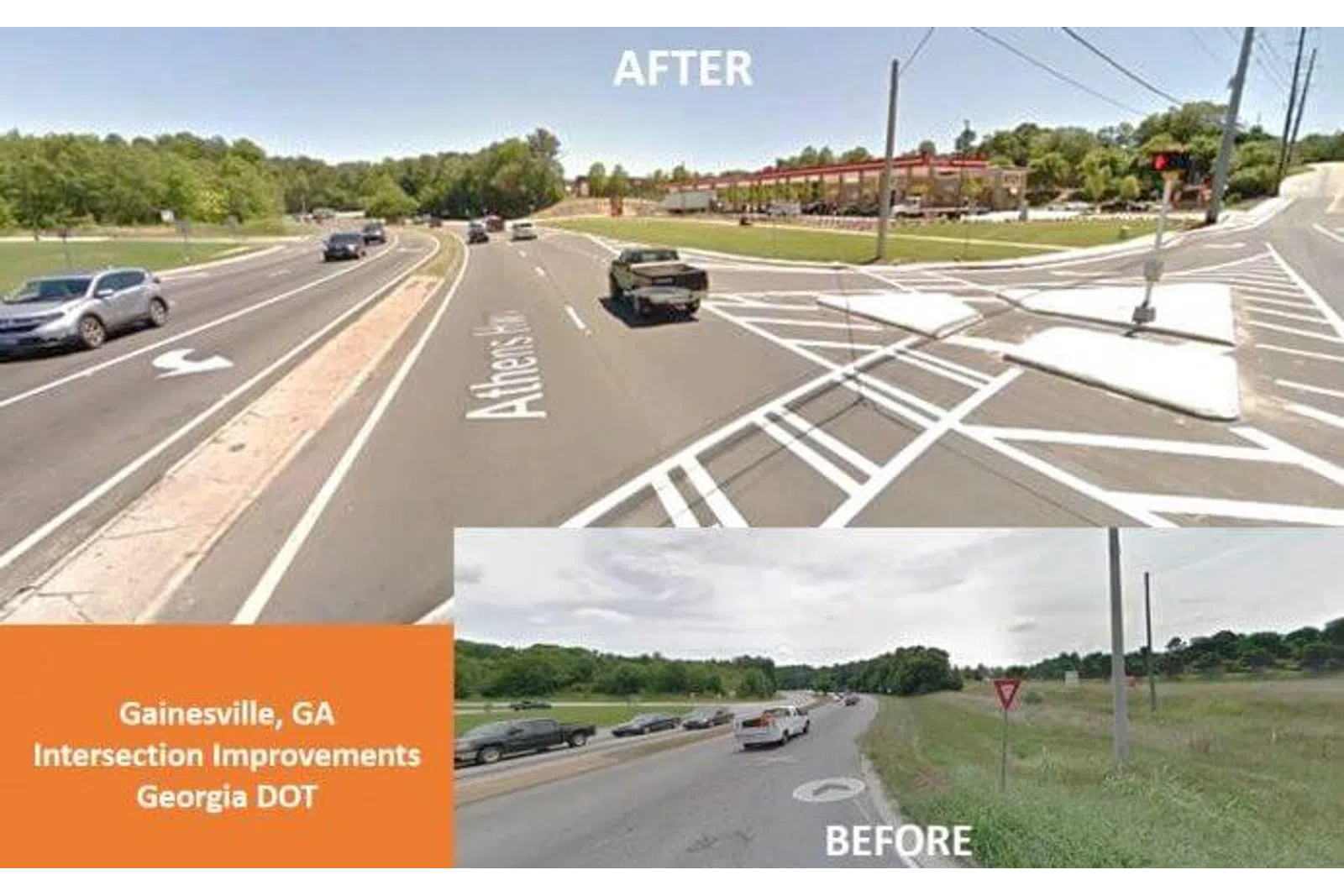 Gainesville GA road intersection before and after improvements by Georgia DOT showing wider lanes and clearer markings.