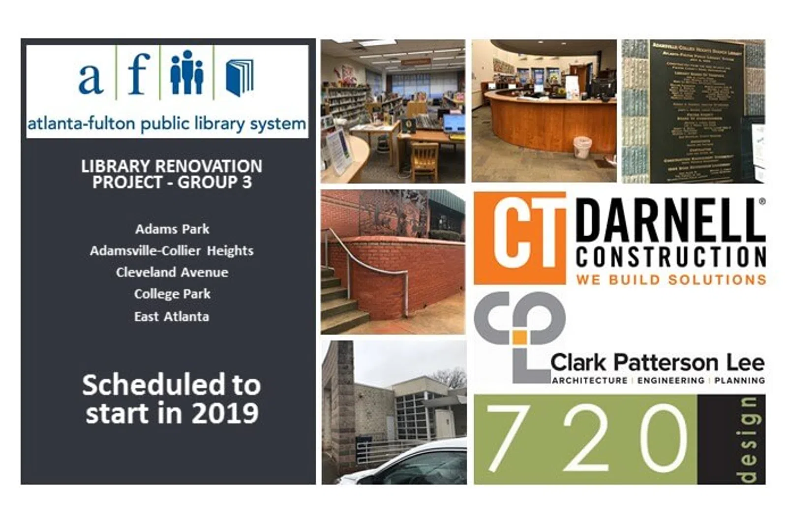 Atlanta-Fulton Public Library renovation project images and construction partner logos scheduled for 2019 start.