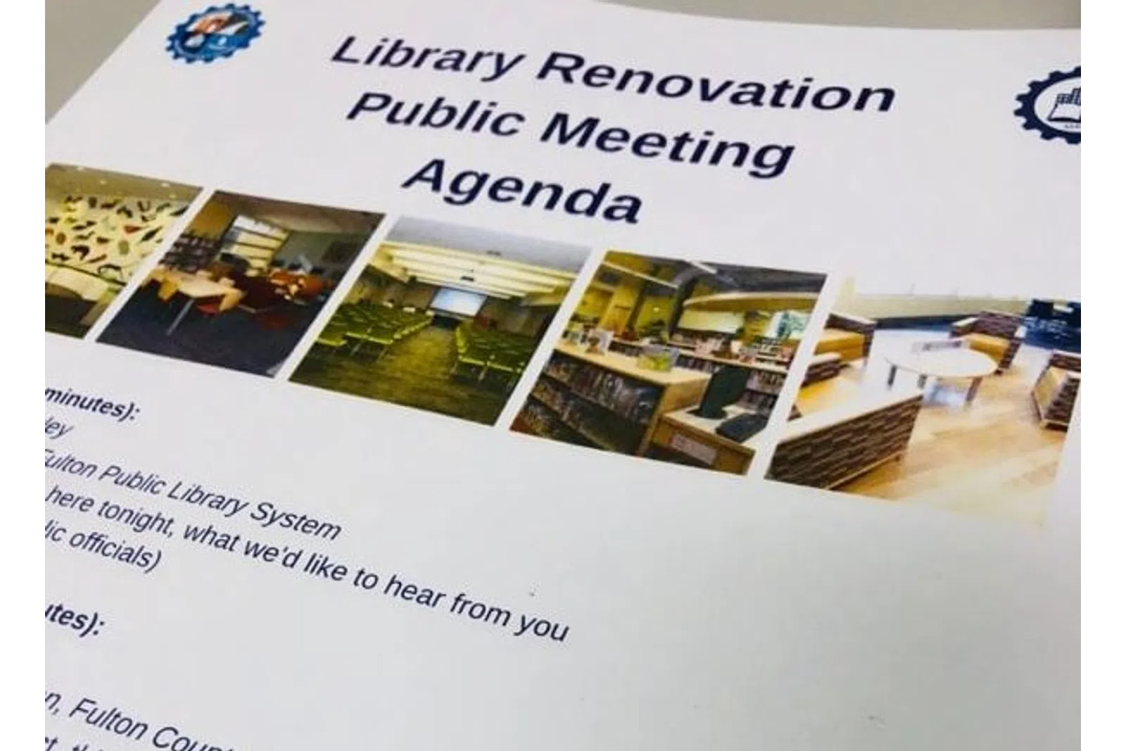 Library Renovation Public Meeting agenda with photos of library interiors and seating areas.