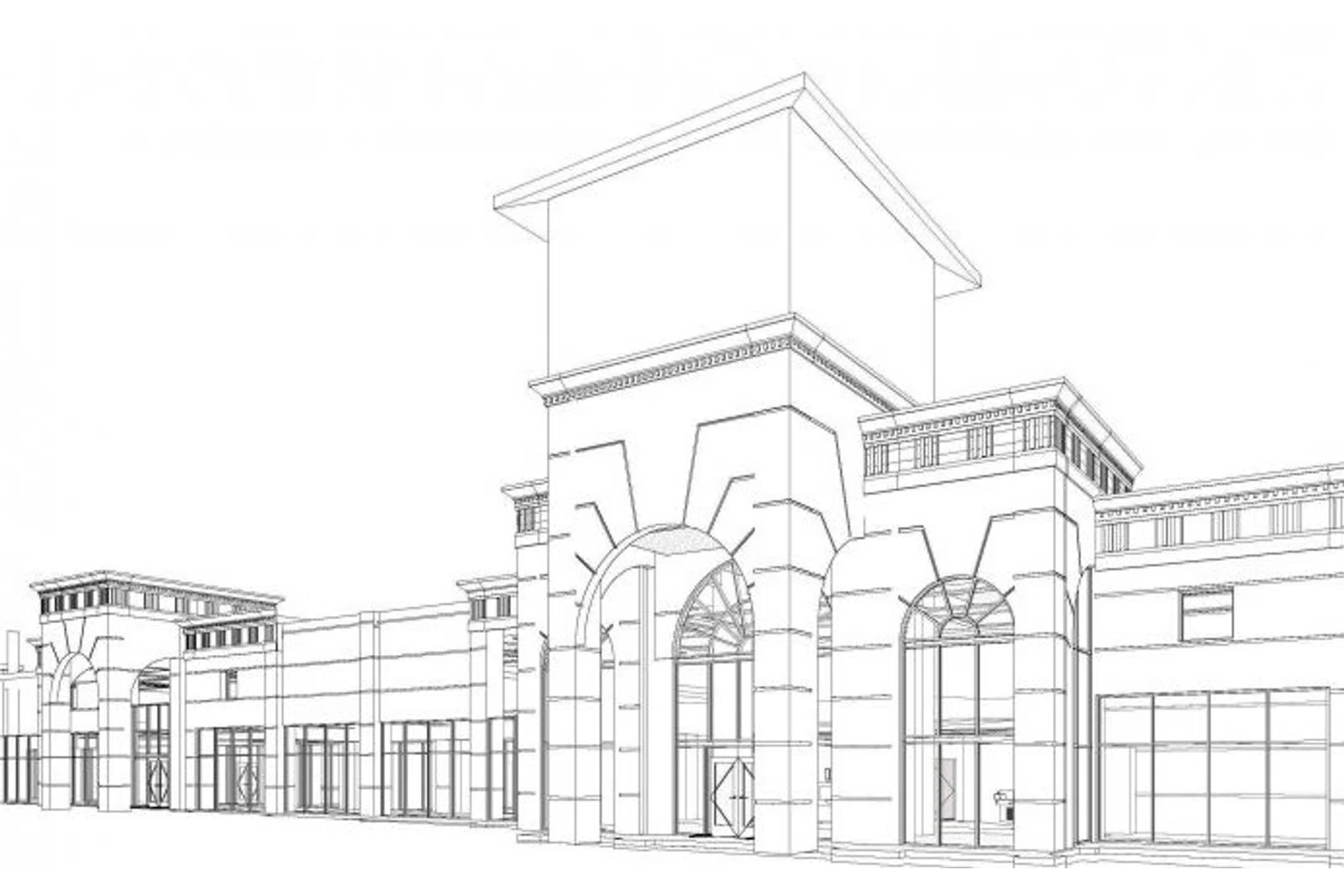 Architectural wireframe drawing of a large commercial building with arched entrances and multiple sections.