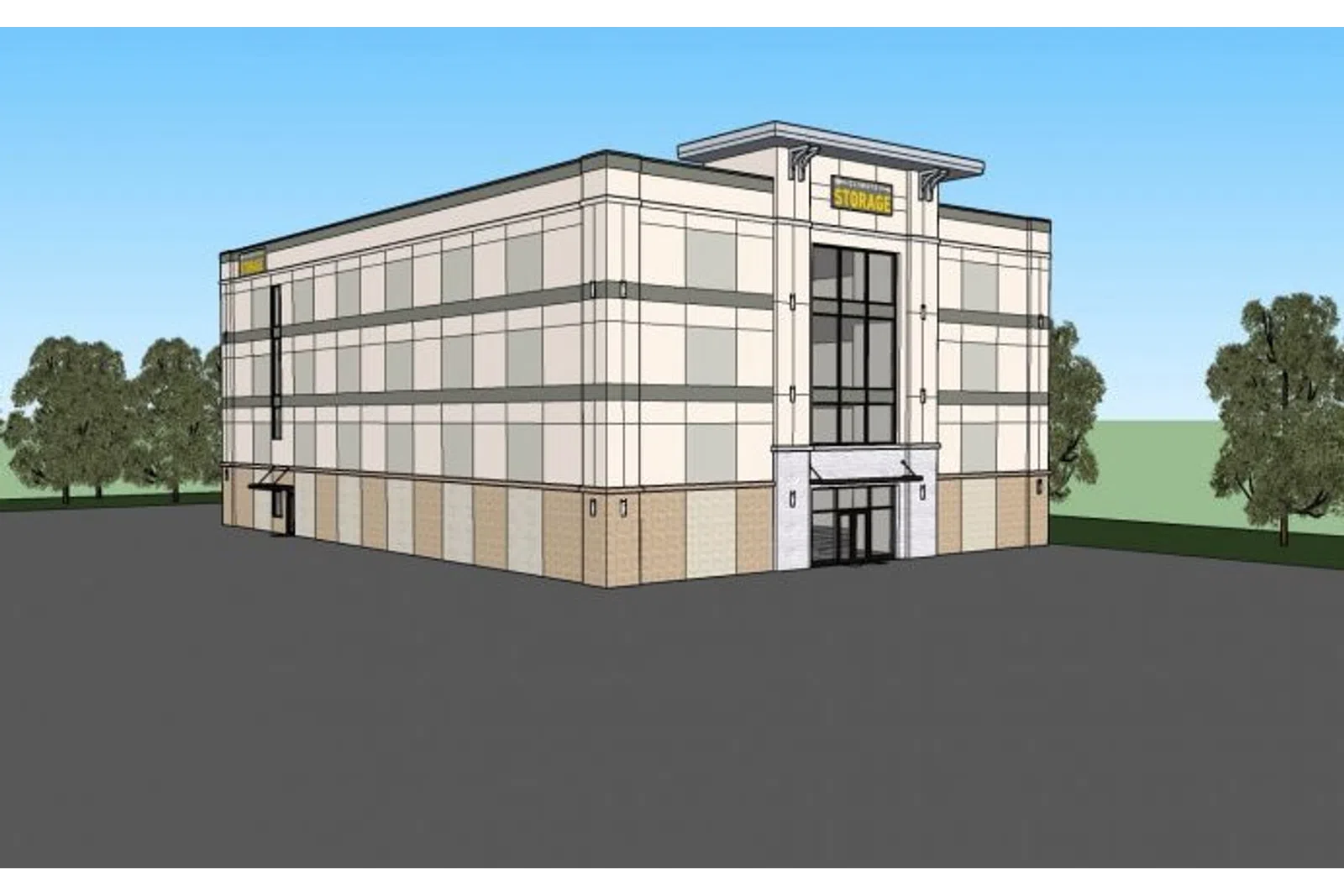 Modern three-story storage facility building with large windows and surrounding trees under a clear sky.