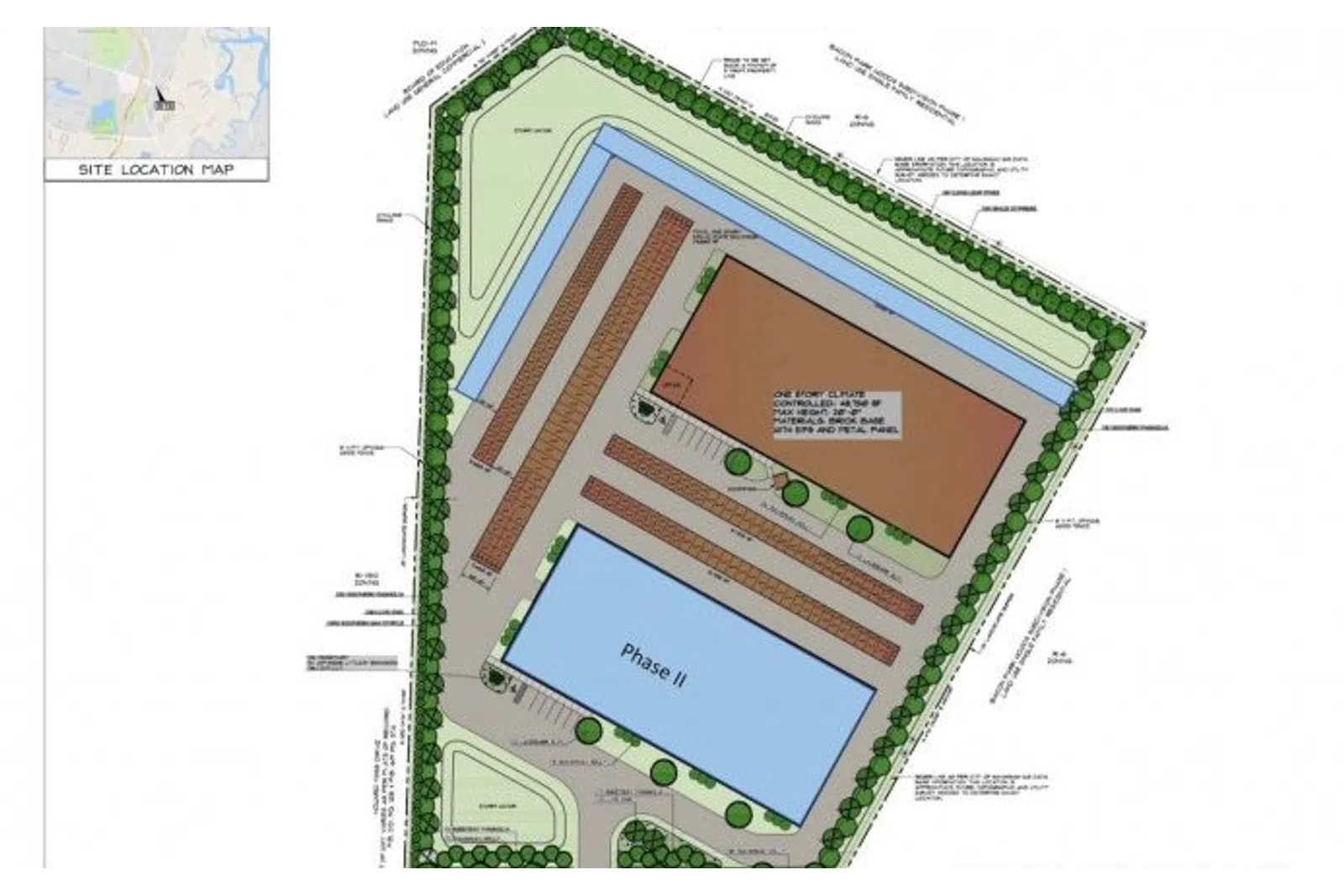 Site plan showing two building phases with parking, green buffers, and a site location map in the corner