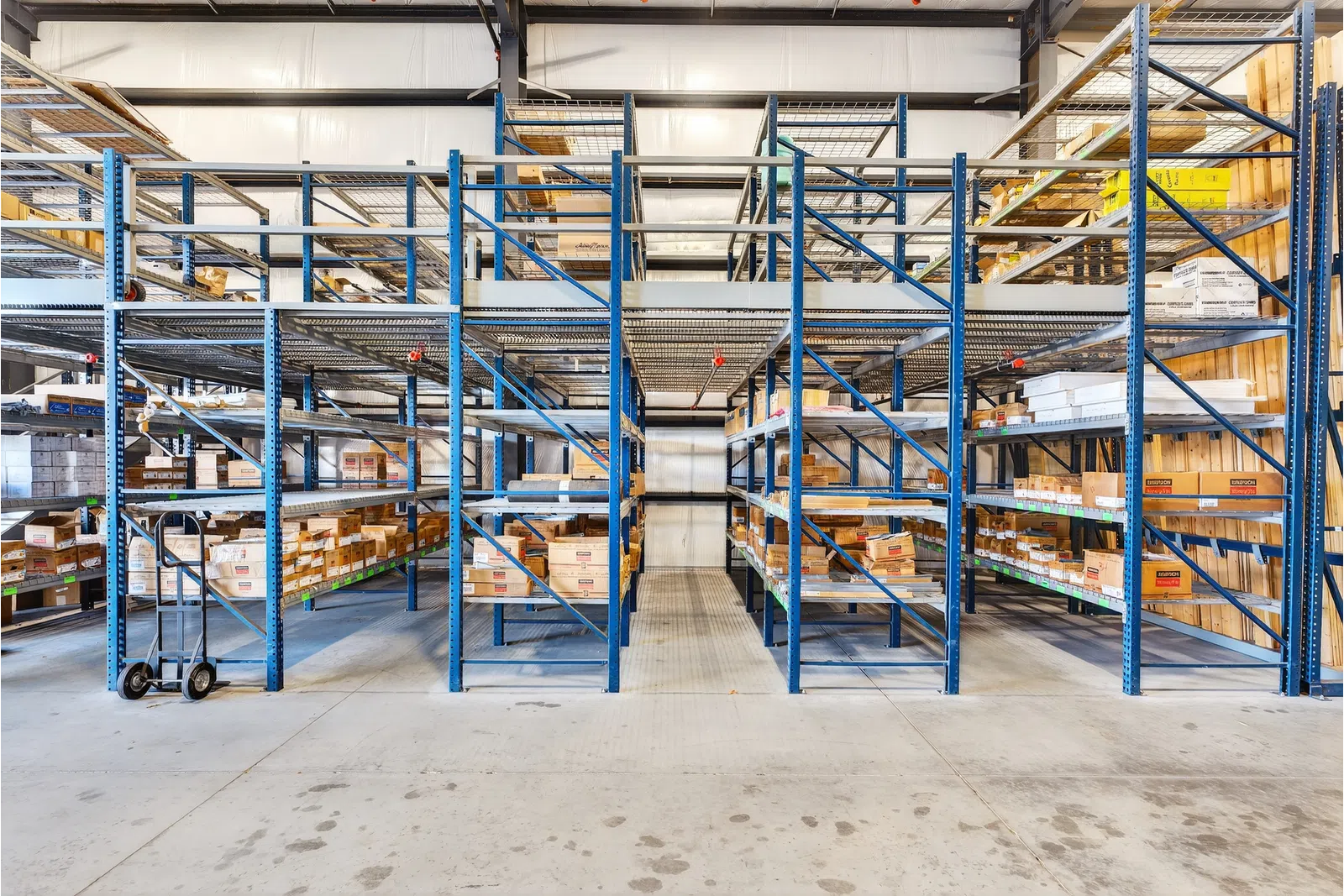 Spacious warehouse interior with blue metal shelves stocked with boxes and a hand truck on concrete floor.