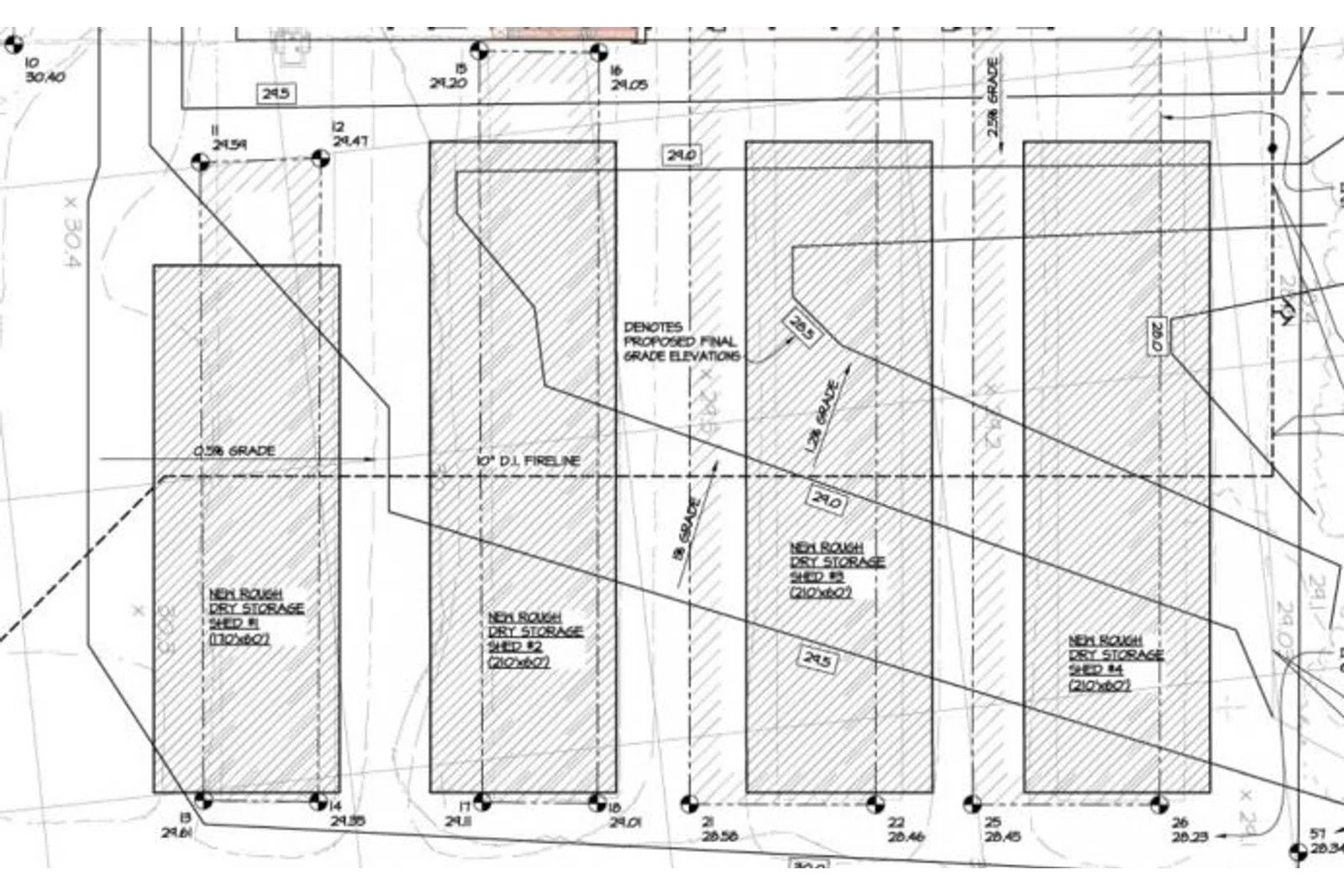 Architectural site plan showing four proposed rectangular storage sheds with detailed measurements and annotations.