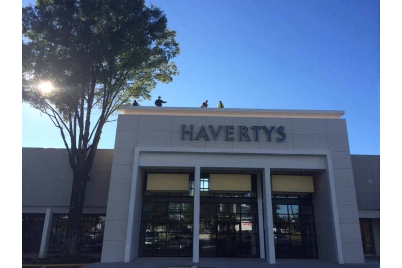 Havertys furniture store exterior with clear blue sky and large tree on the left side.