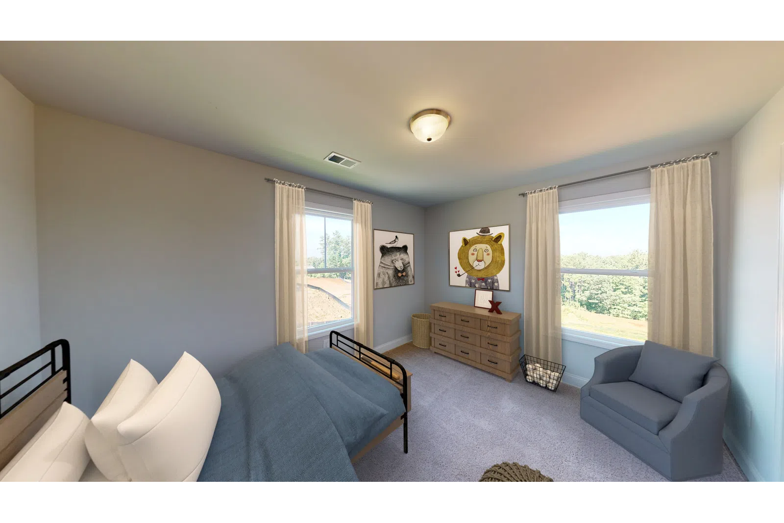 a living room with a bed and looking at the camera