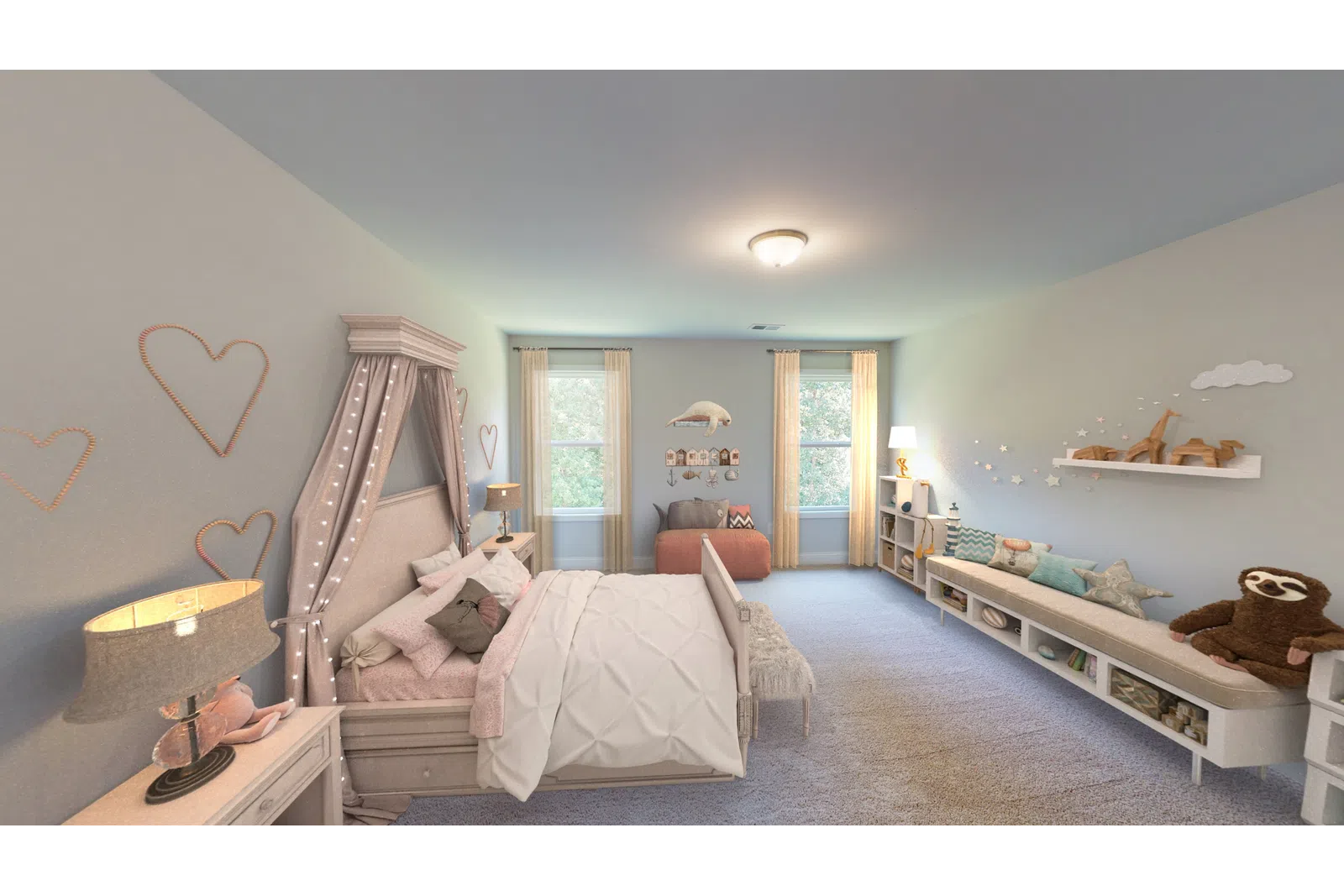 a living room with a bed and looking at the camera