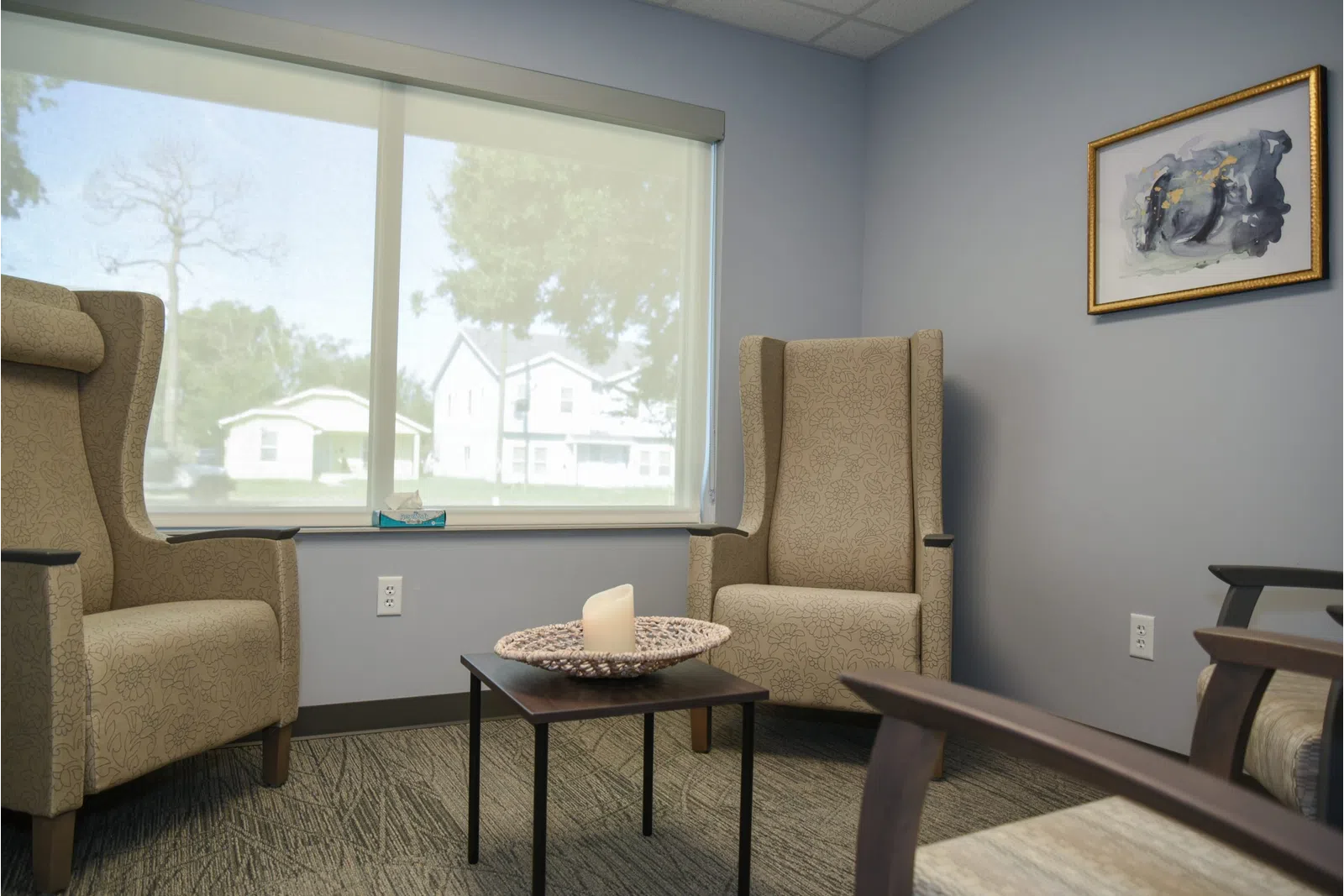 a living room with a large window
