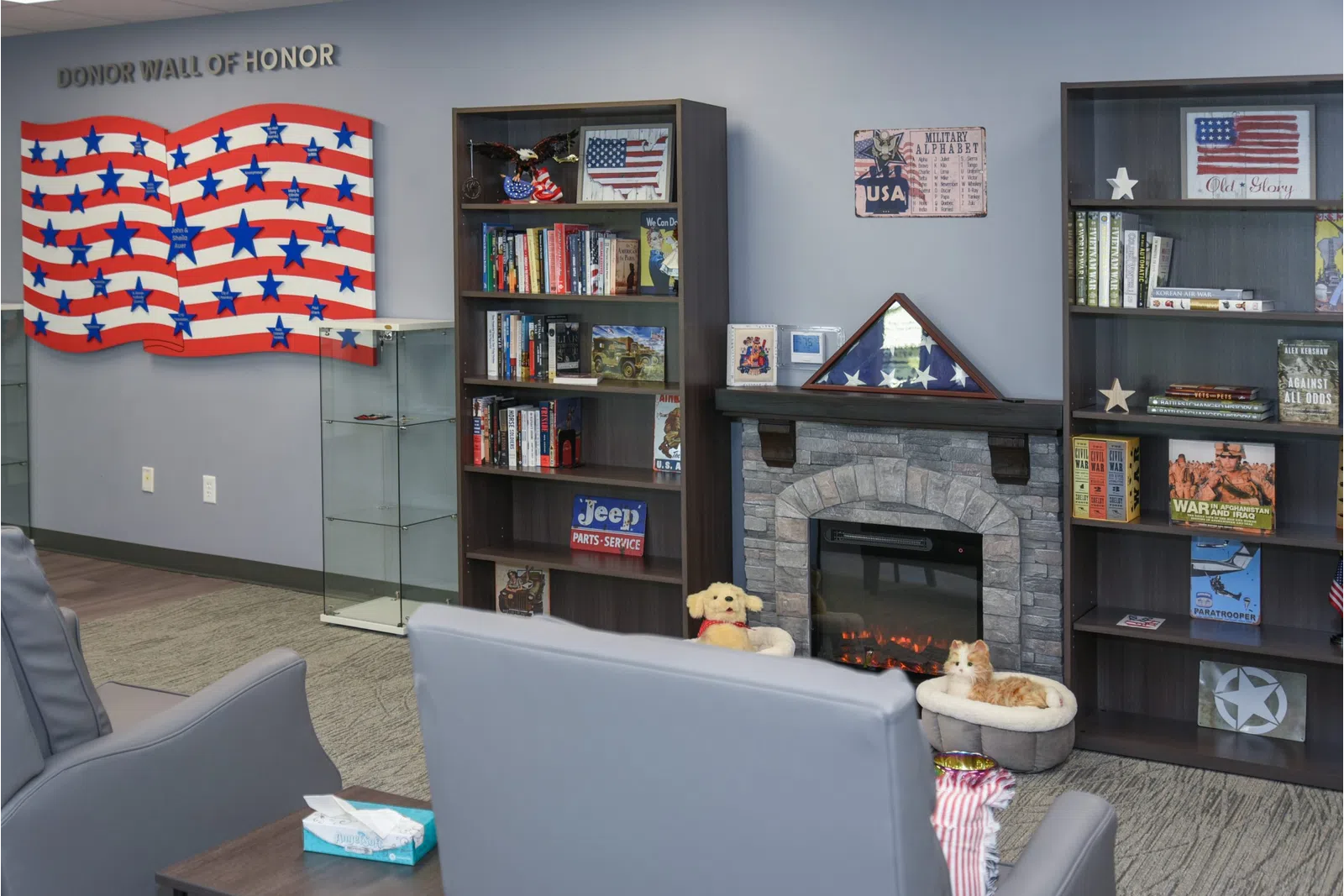 a living room with a fireplace