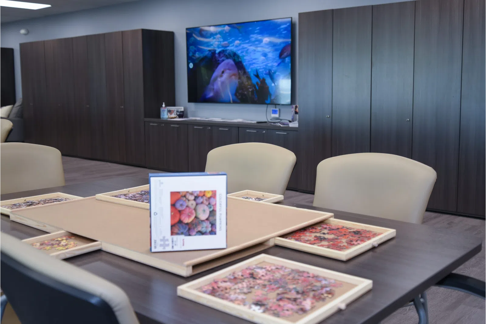 a room with a table and chairs and a tv