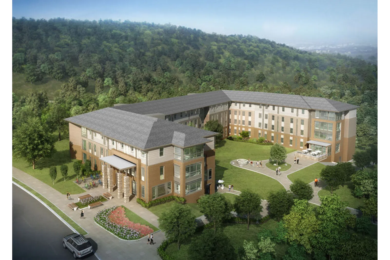 a large building with a parking lot