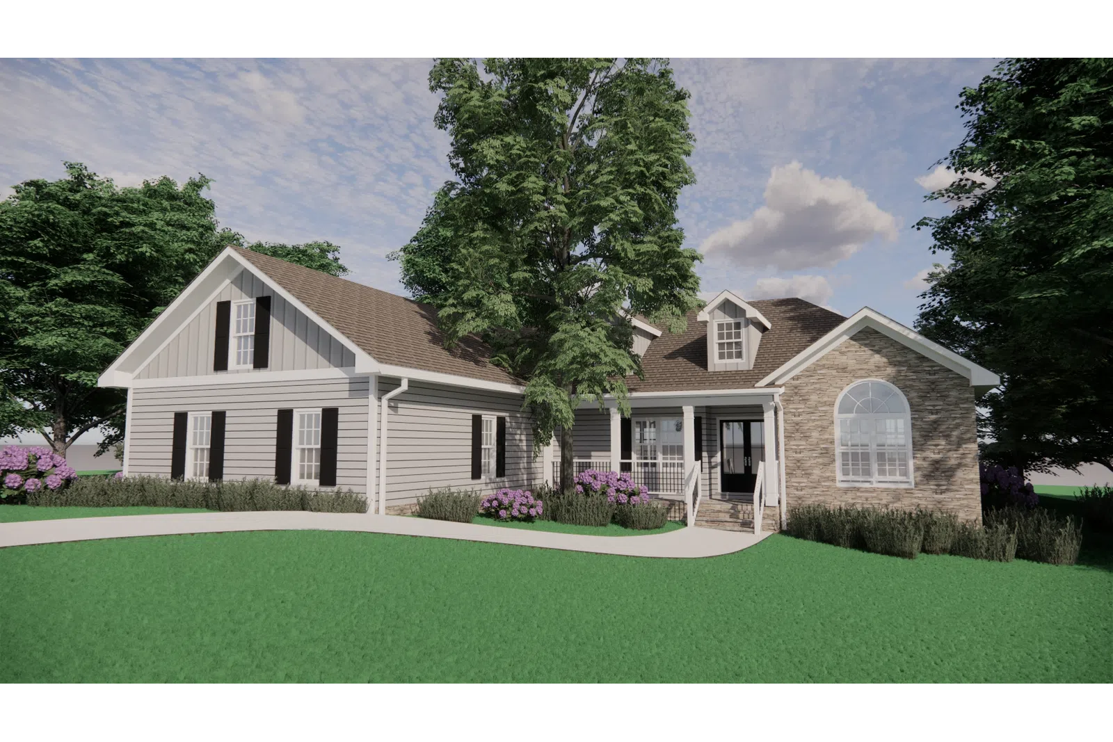 Single-story house with gray siding, stone facade, large windows, front porch, and surrounding green lawn and trees