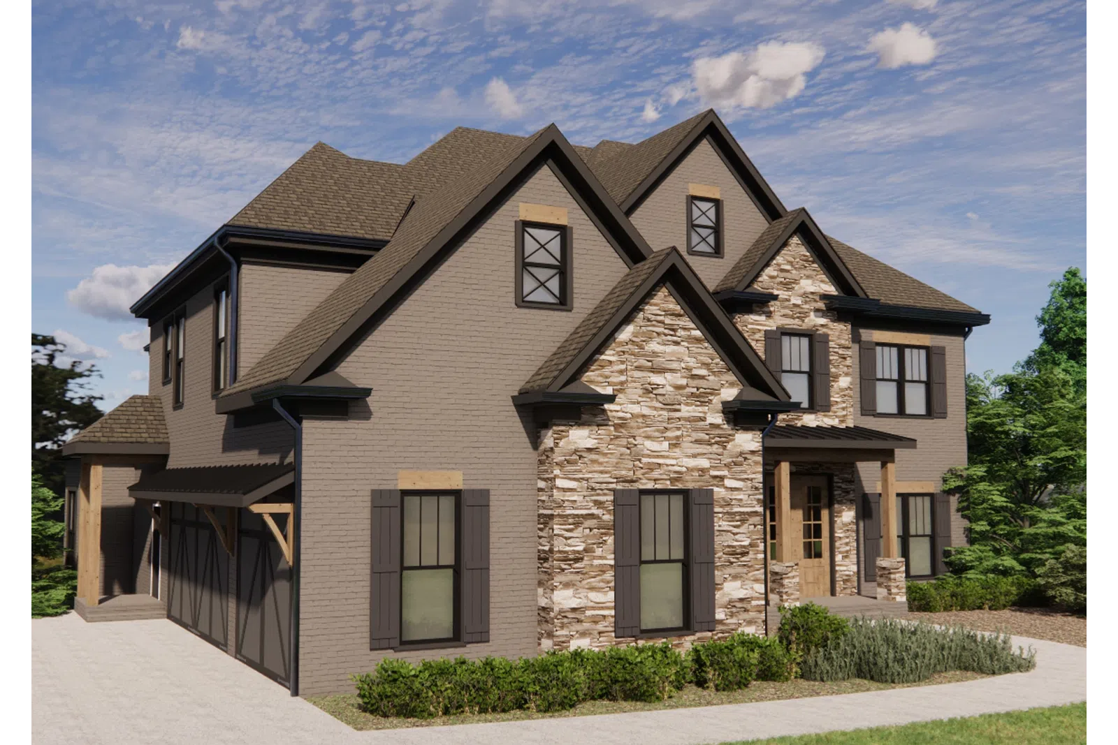 Modern two-story house with stone and brick exterior, multiple gables, and landscaped front yard under blue sky.