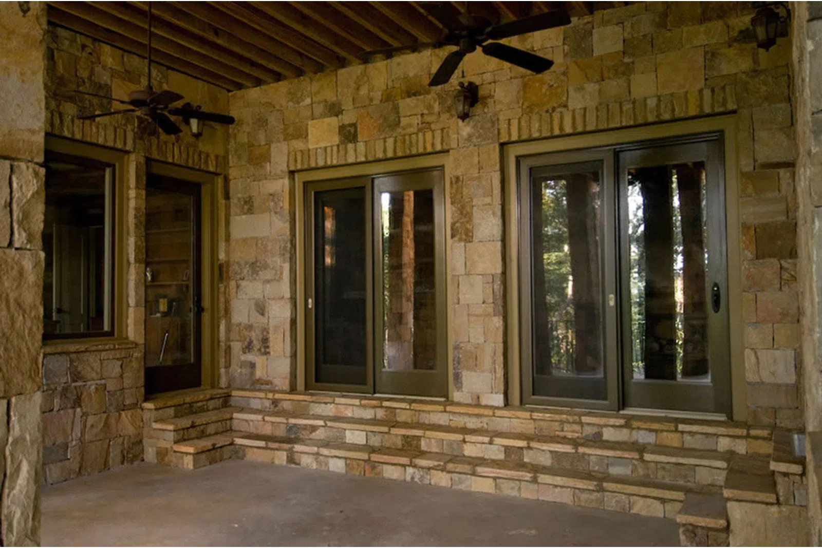 a stone building with windows