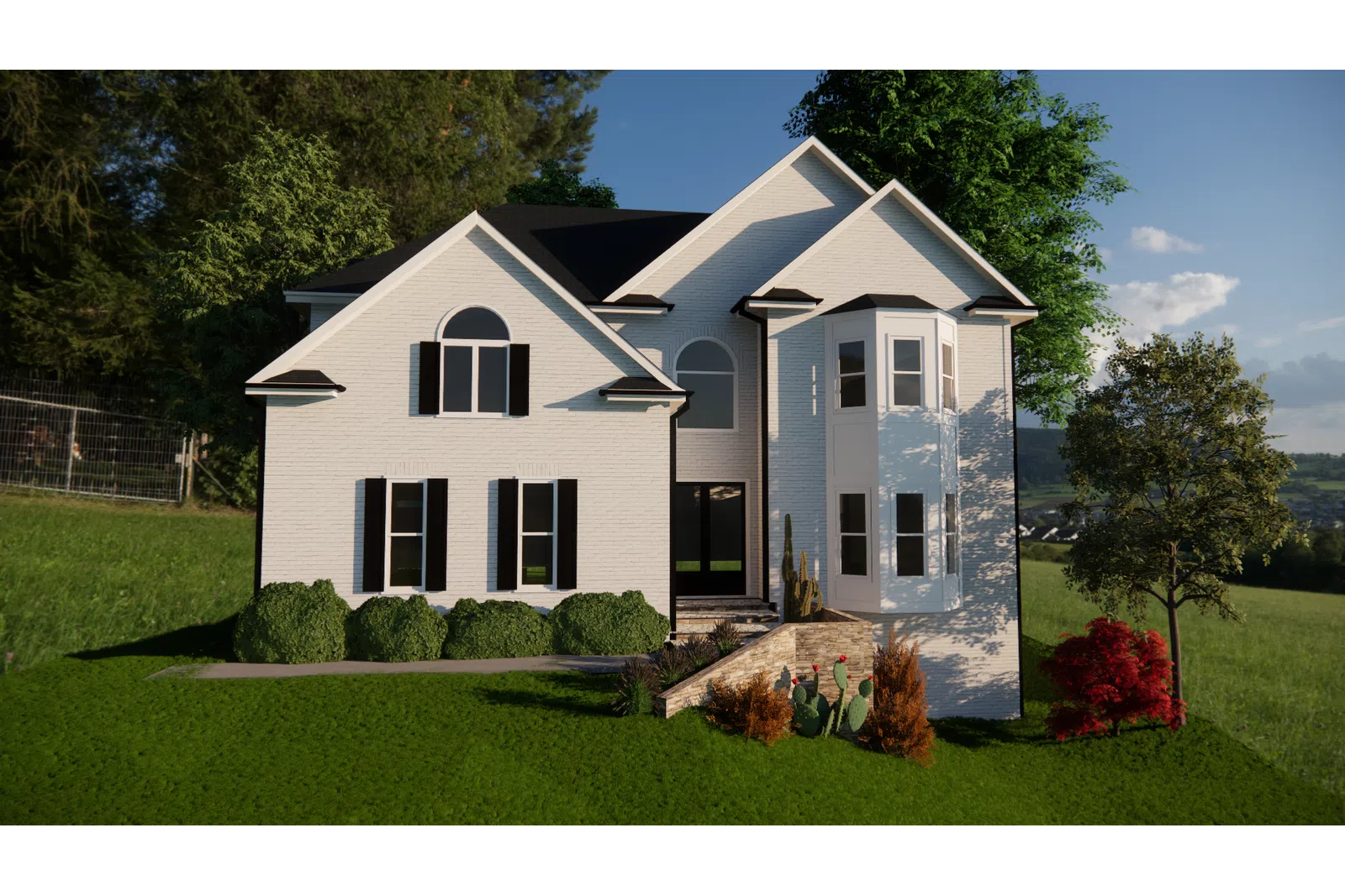 a white house with a lawn and trees around it