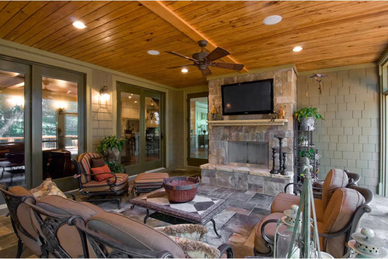 a living room with a fireplace