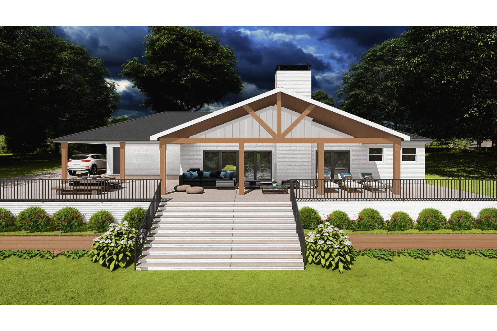 Modern single-story house with large front porch, wooden beams, outdoor seating, and landscaped garden under dramatic sky