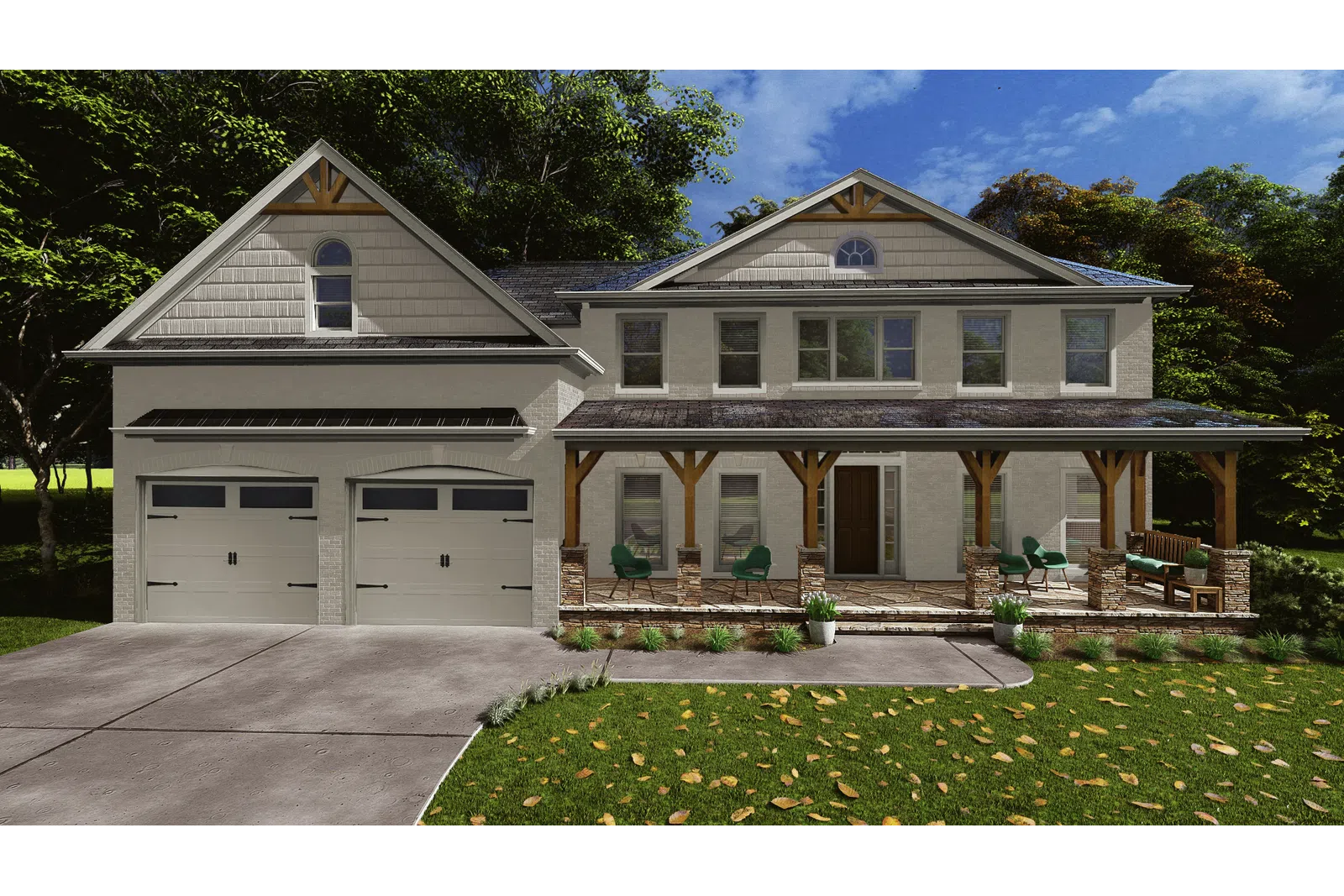 Two-story modern farmhouse with large front porch, double garage, and landscaped yard under blue sky.