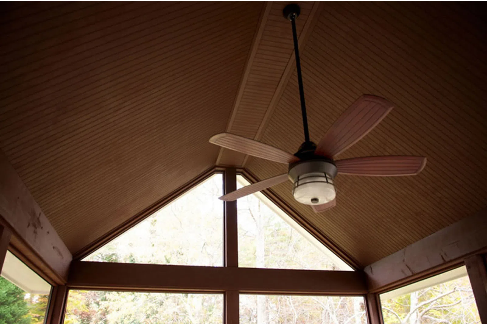 a ceiling fan in a room