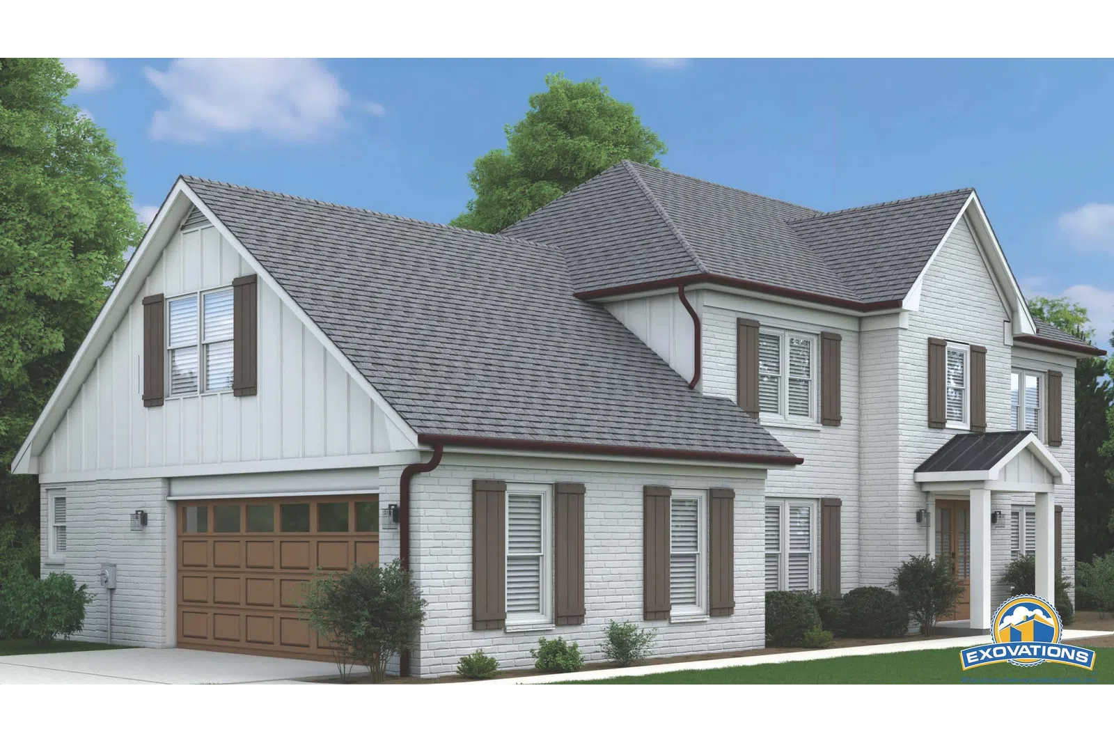 Modern two-story white house with brown shutters, a garage, and lush green landscaping under a blue sky.