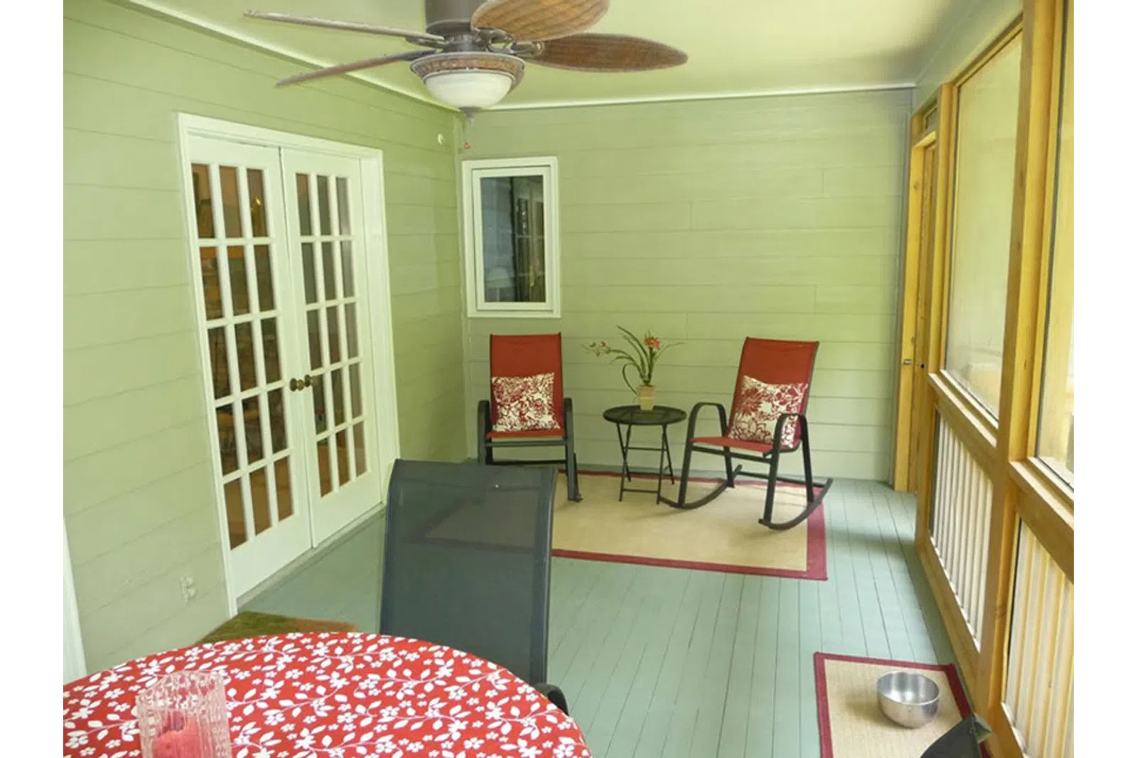 a room with a table and chairs