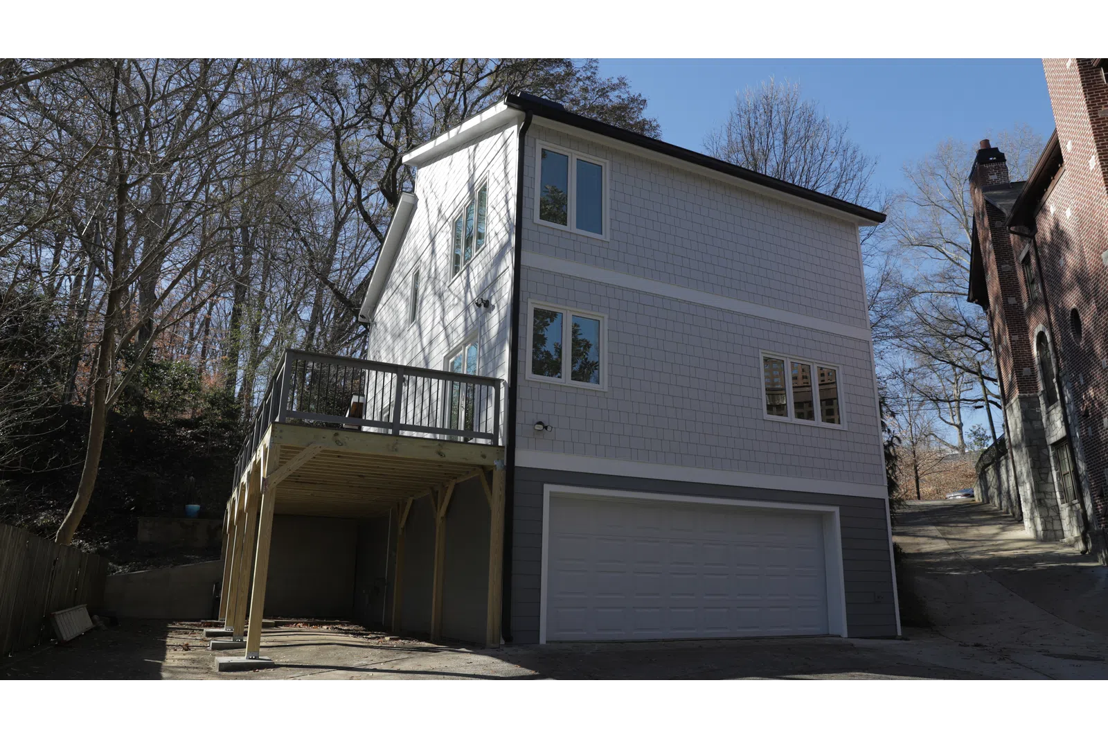 a garage with a balcony