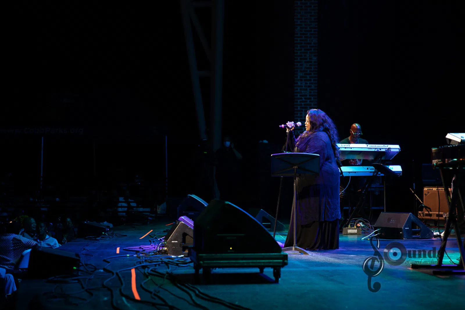 a group of people playing instruments and performing on a stage