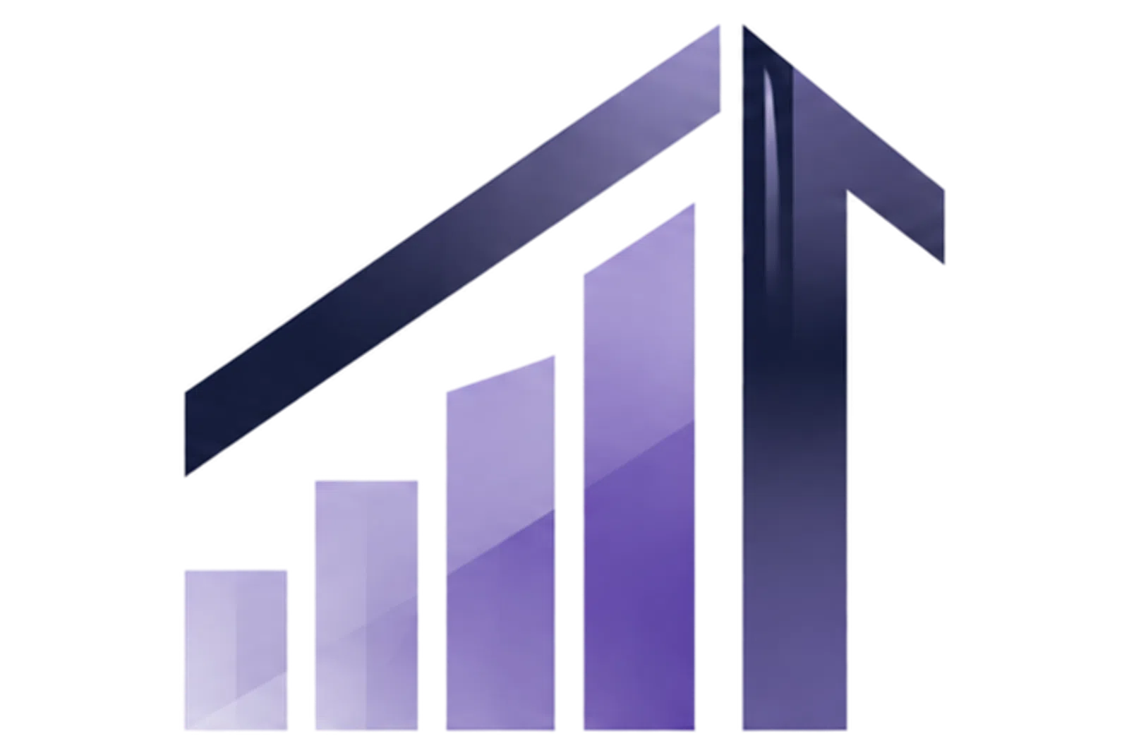 Purple gradient bar chart with rising bars and arrow pointing upward on transparent background