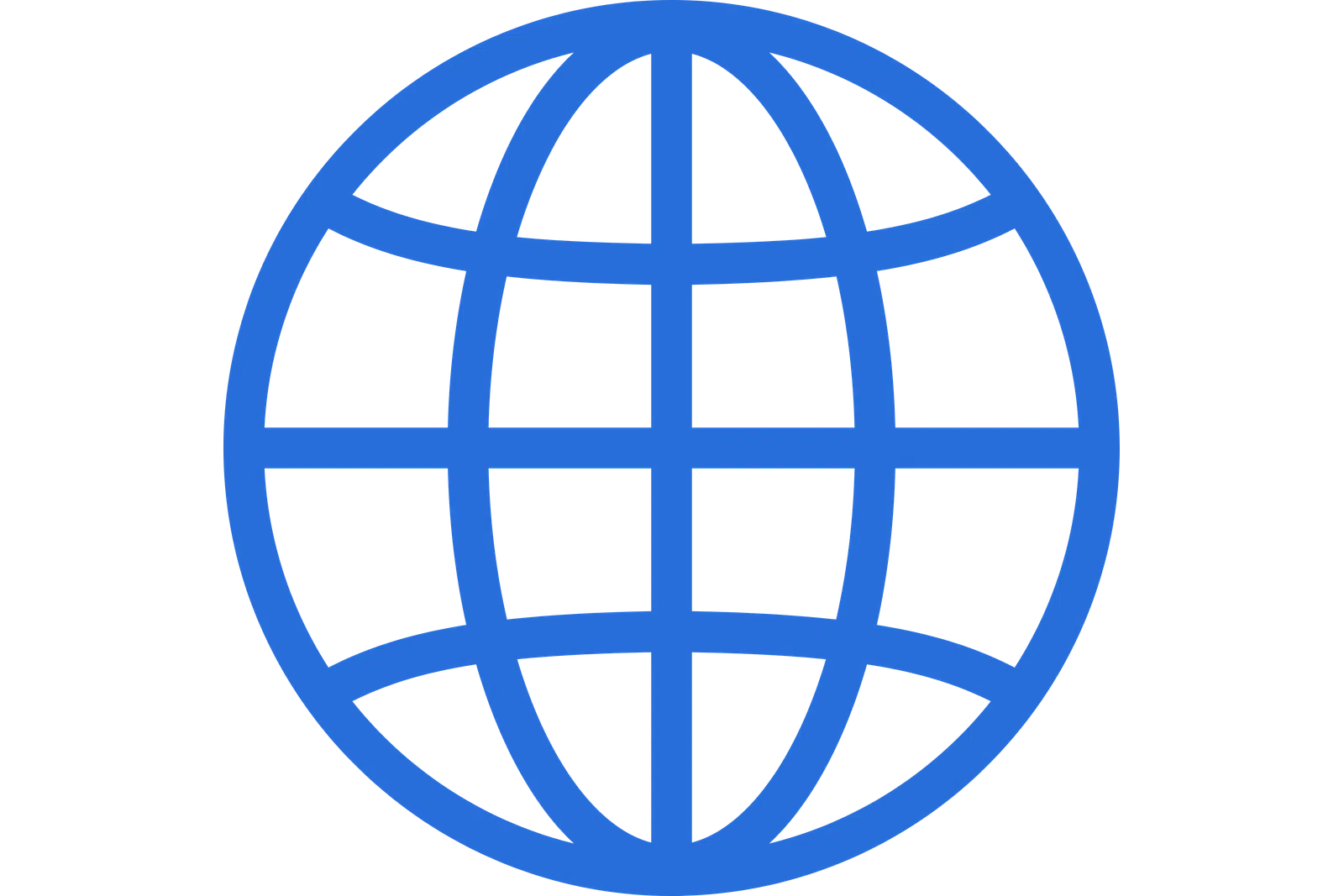 Blue globe icon with longitudinal and latitudinal lines symbolizing global network on transparent background