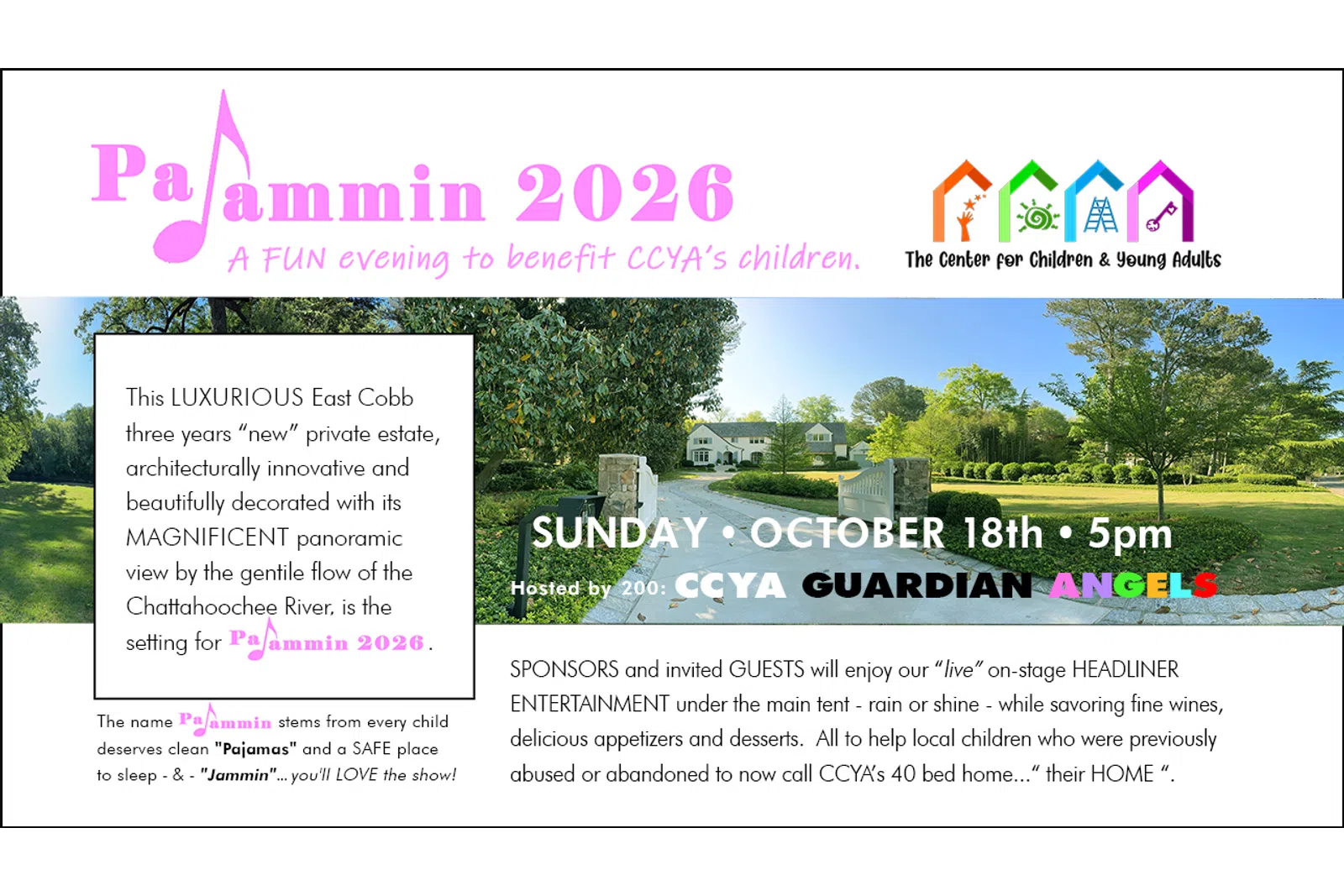 Invitation for PaJAMmin 2026 charity event benefiting CCYA children with details and scenic estate photo.