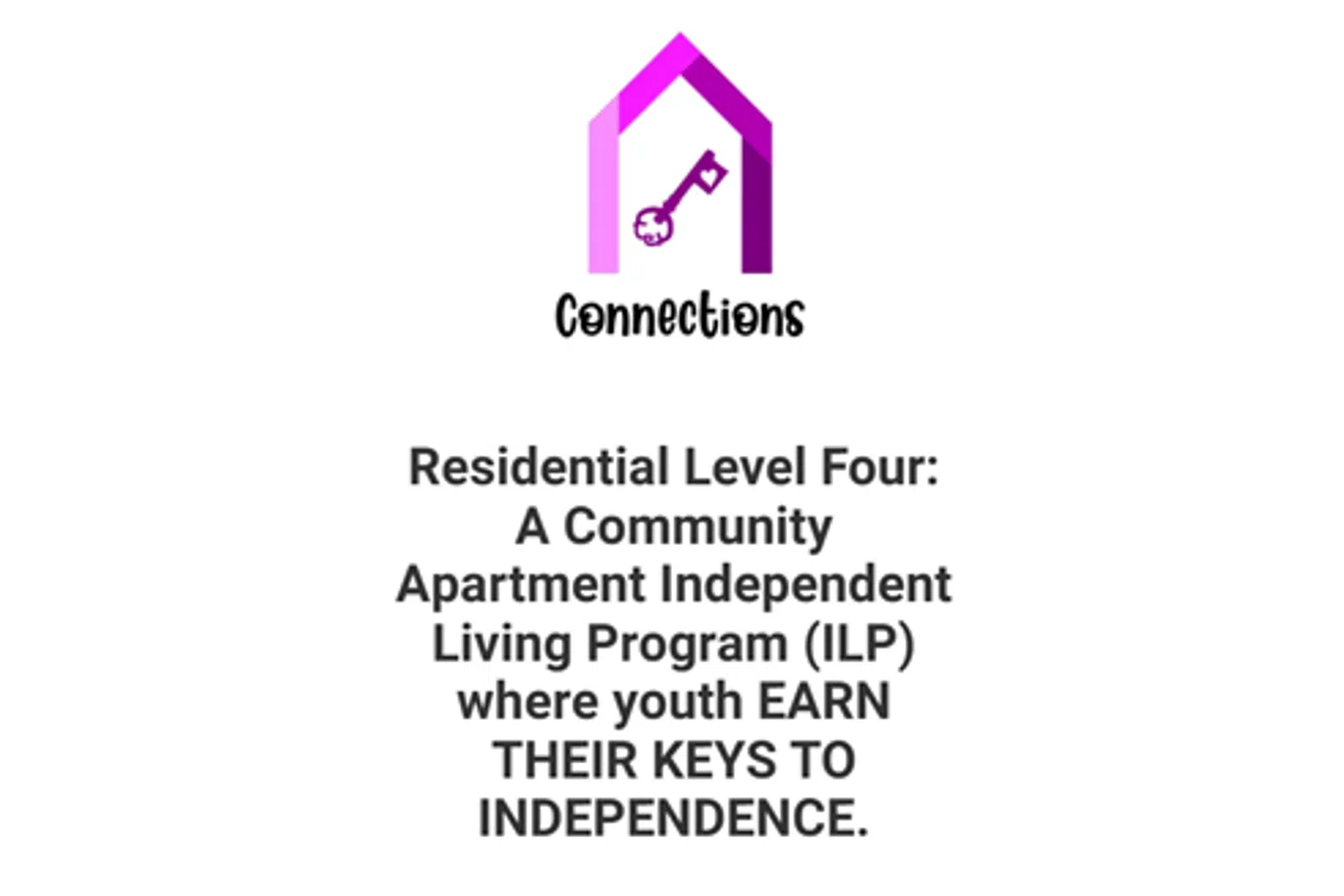 Logo with purple house outline and key icon above the word 'Connections' describing a youth independent living program.
