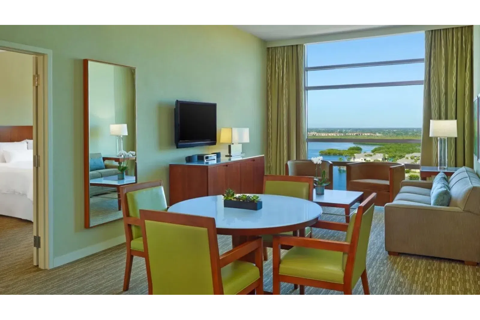 a living room with a large window