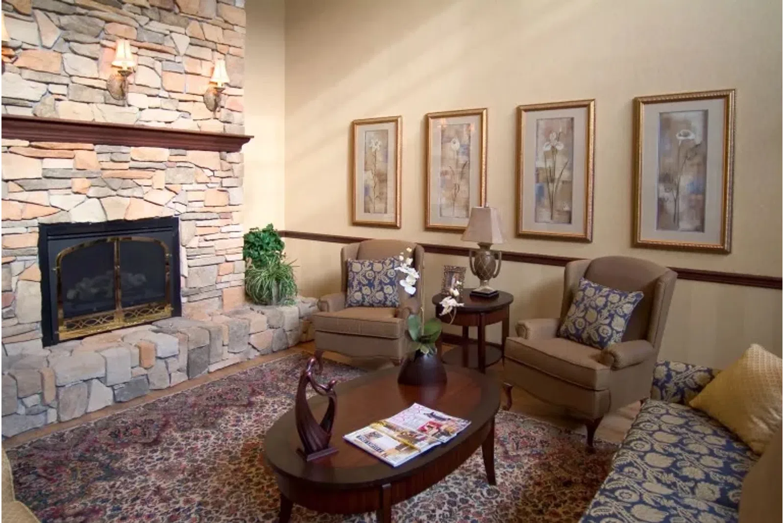 a living room with a fireplace