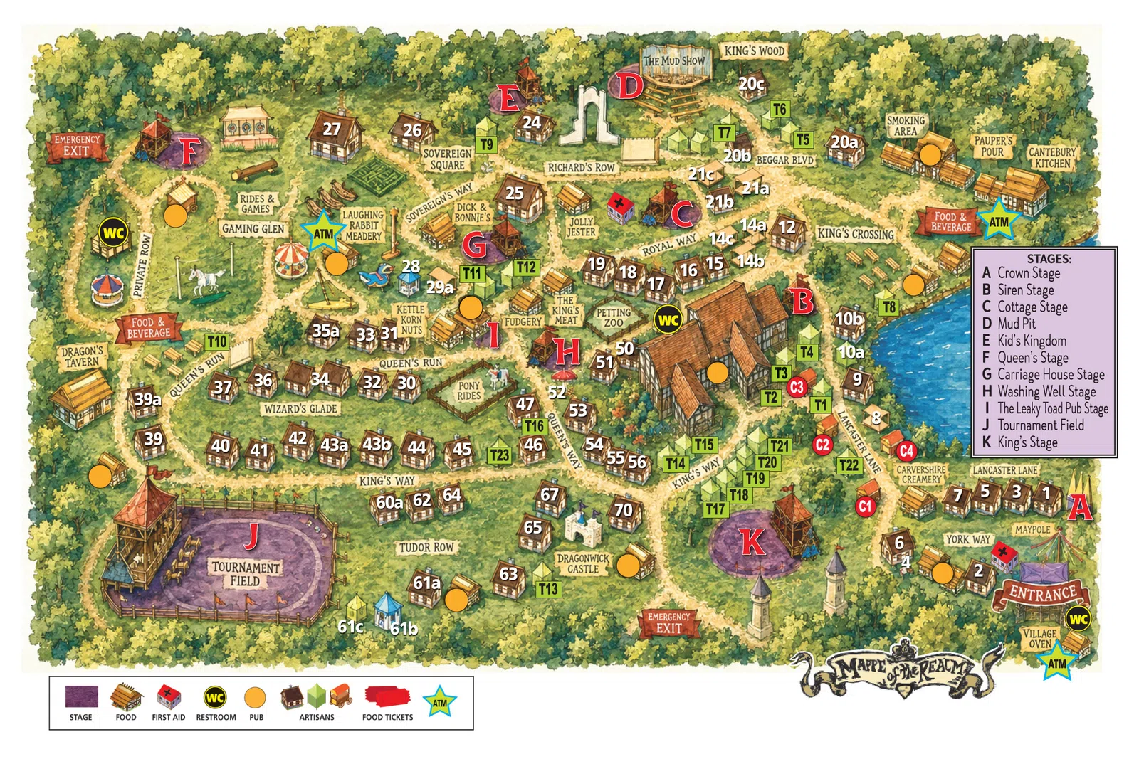 Colorful illustrated map of a festival site showing stages, food areas, restrooms, ATM locations, and walking paths amid wooded areas.