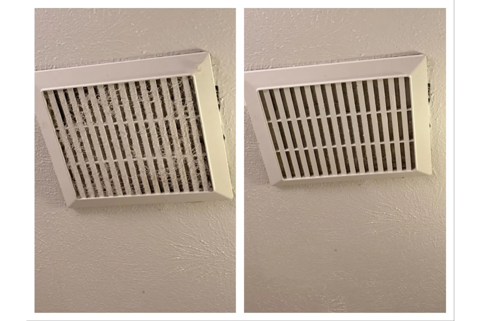 Side-by-side comparison of a dusty air vent cover and a clean air vent cover on a textured ceiling.