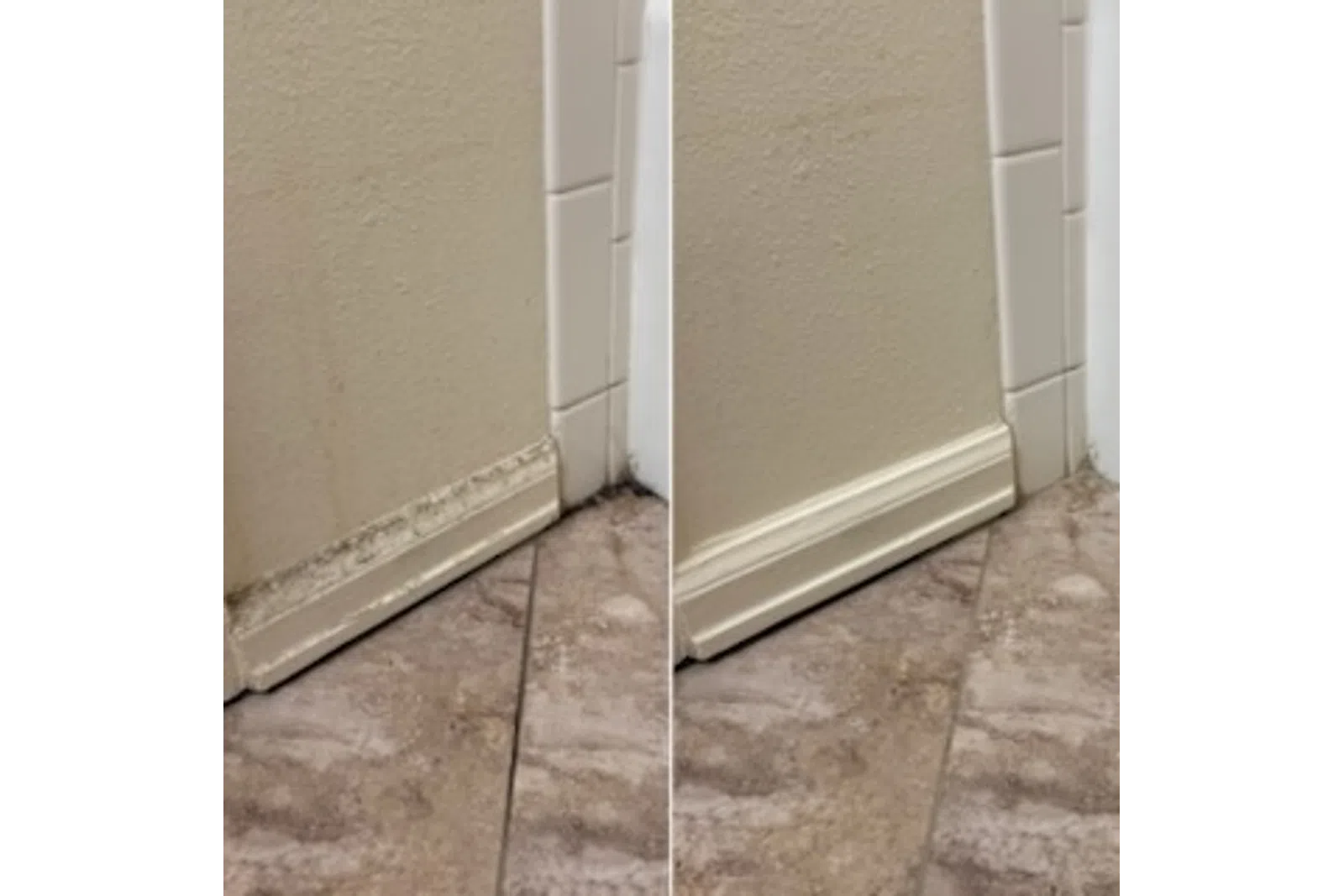 Side-by-side comparison of wall baseboard before and after cleaning and repair with improved appearance.